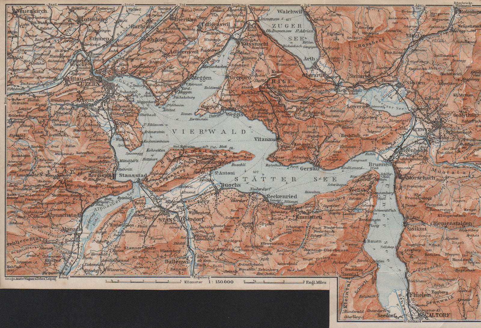 LAKE LUCERNE Vierwaldstättersee. Luzern Stans Weggis Brunnen Schwyz 1913 map